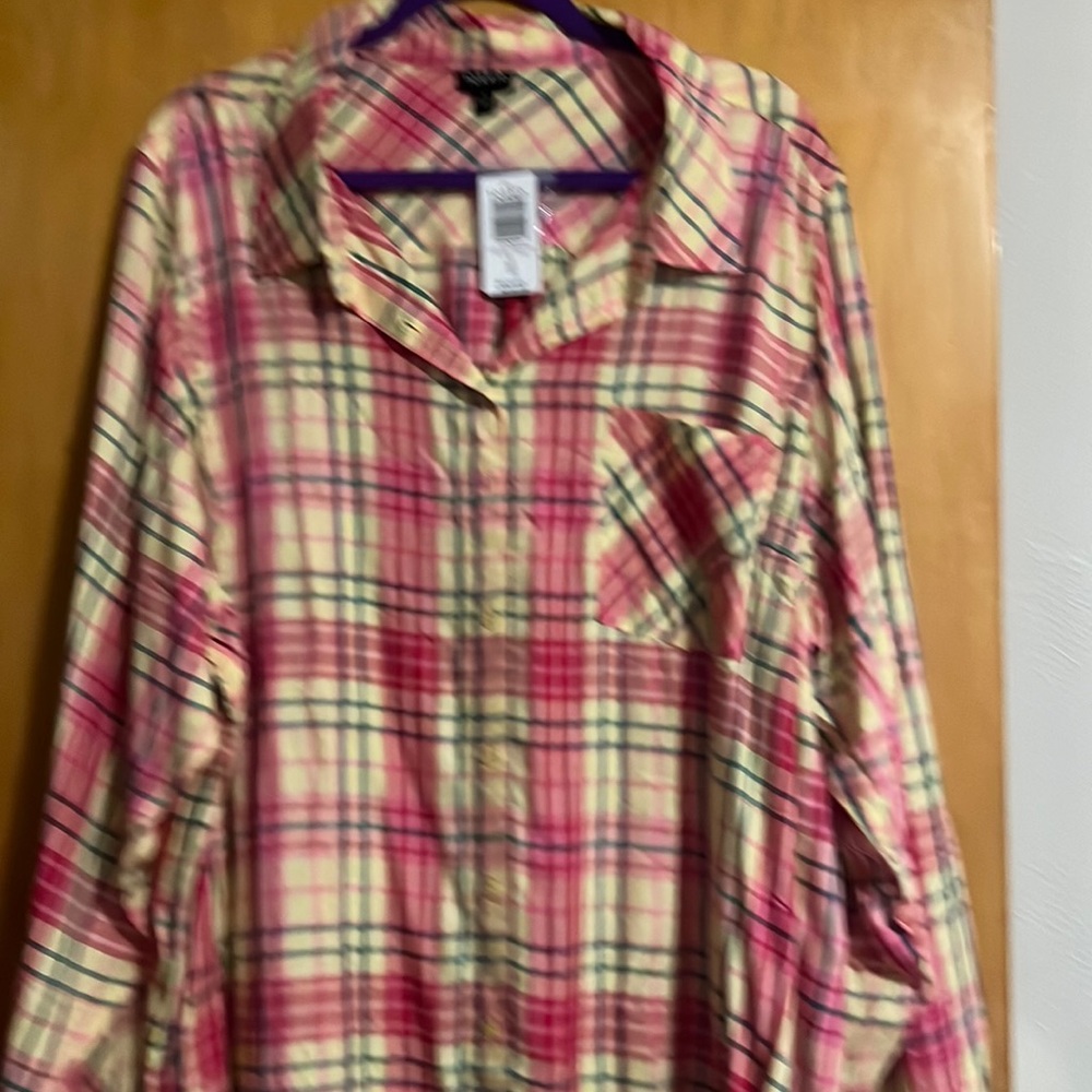 Torrid button front yellow, pink, teal and peach plaid blouse